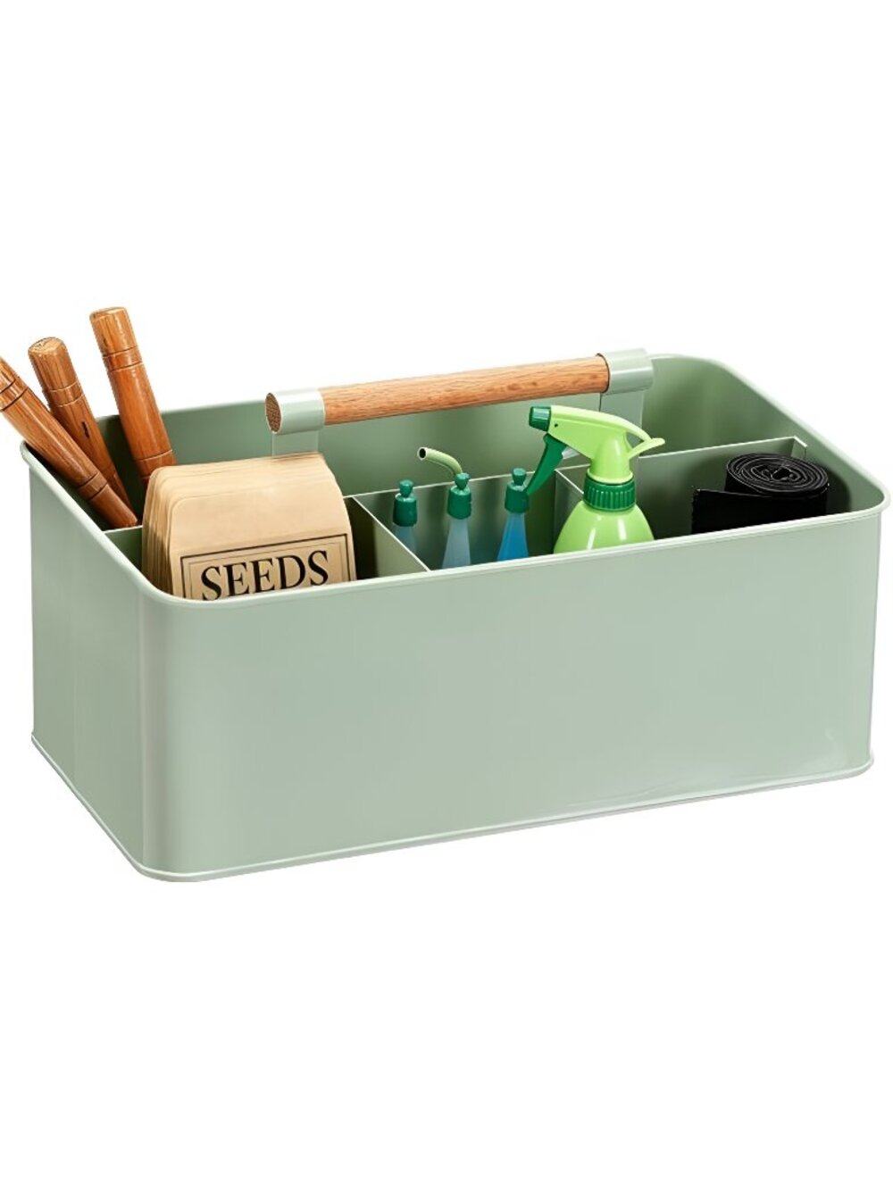 Garden Tool Organizer with Wooden Handle, Metal Garden Caddy with 4 Compartments